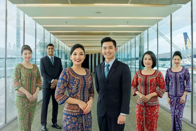 Six elegantly-dressed Singapore Airlines cabin crew look into camera at an airport. The two men are smart in dark suits and ties. The four women are elegant in traditional, colourful silks.