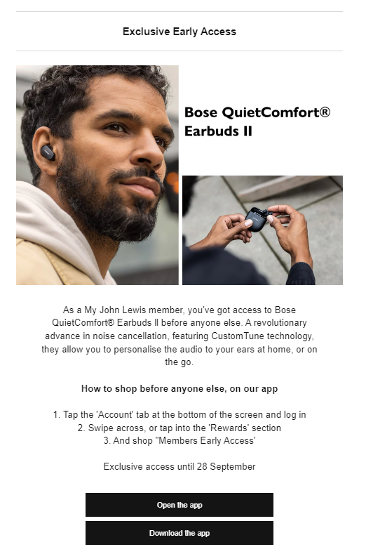 John Lewis email telling "My John Lewis" members how they can get exclusive first access to the new Bose QuietComfort Earbuds II
