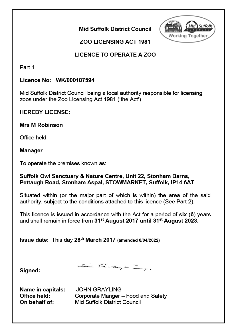 S.O.S. Zoo License — Suffolk Owl Sanctuary