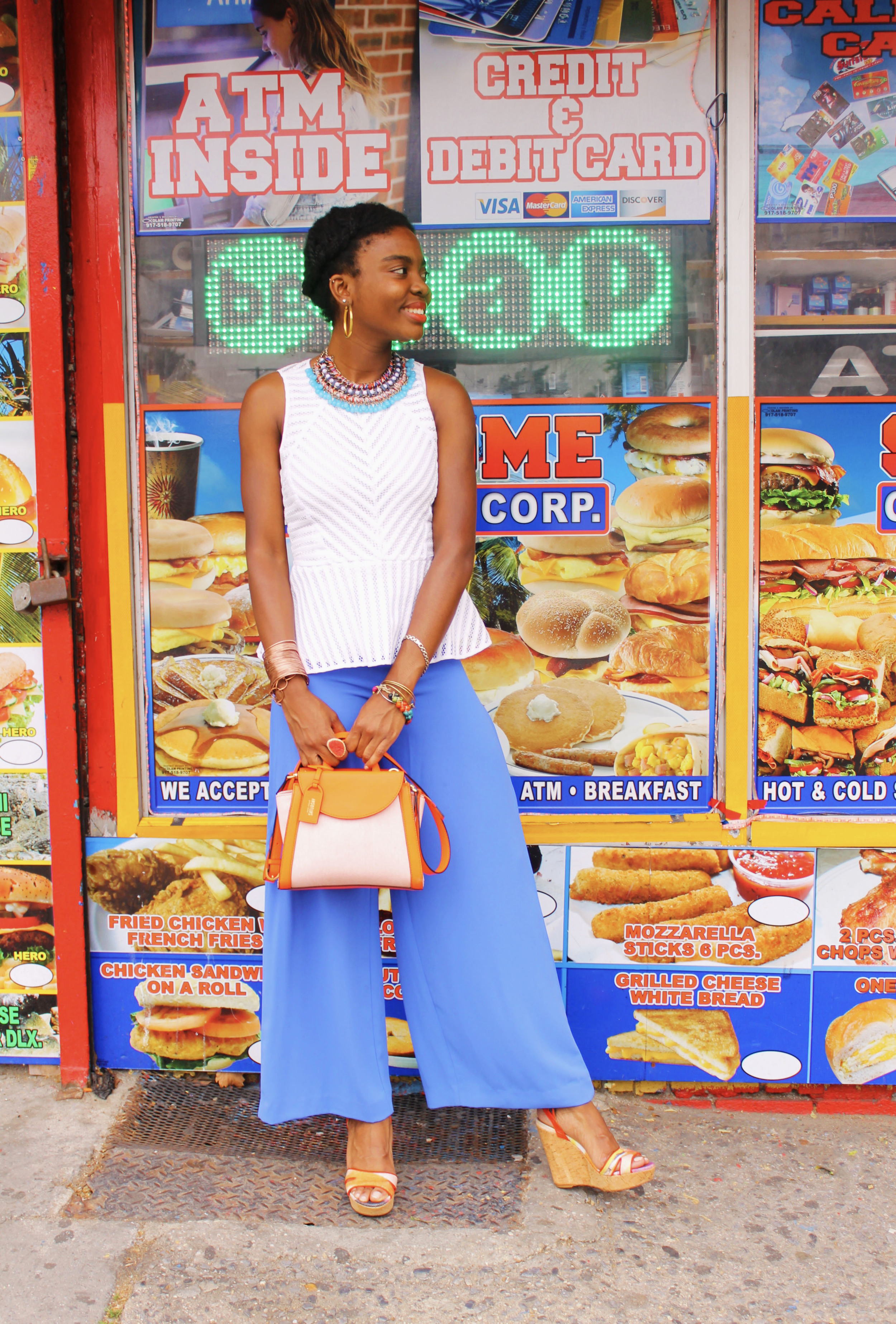 Shirt: H&M; Pants: H&M; Shoes: Stuart Weitzman; Bag: Kate Spade Saturday; Necklace: from a boutique in Berlin
