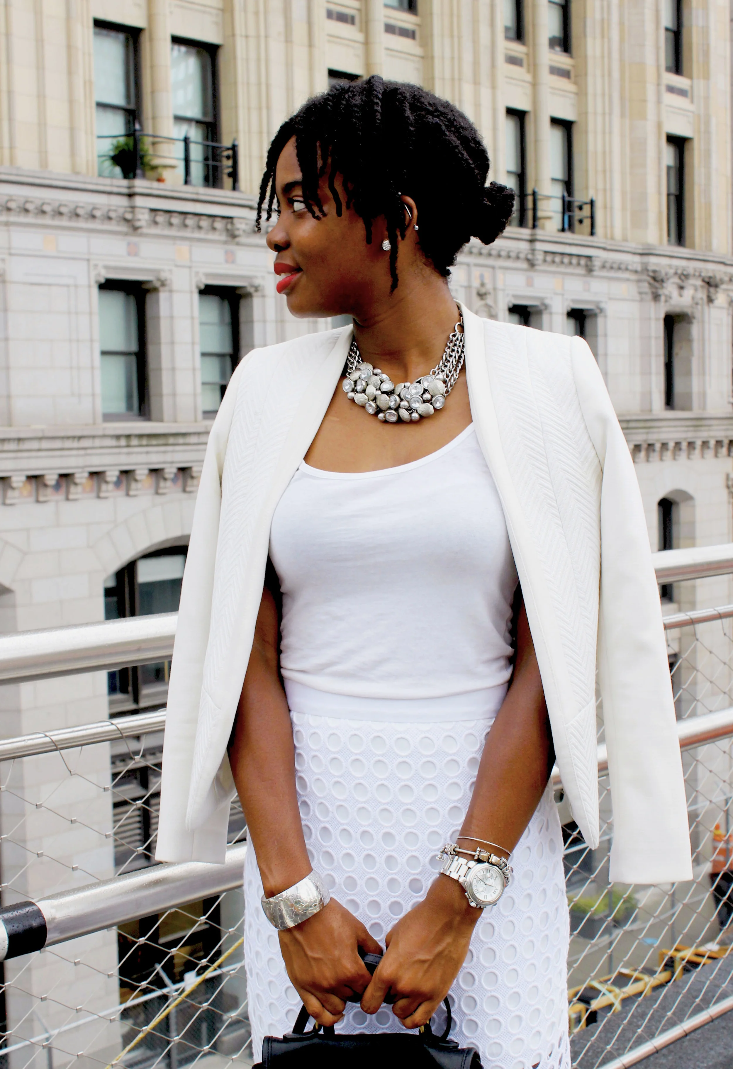 Tank: Forever 21; Skirt: Banana Republic; Shoes: Adidas (Superstar); Blazer: H&M; Bag: Coach; Necklace: Annie Sez