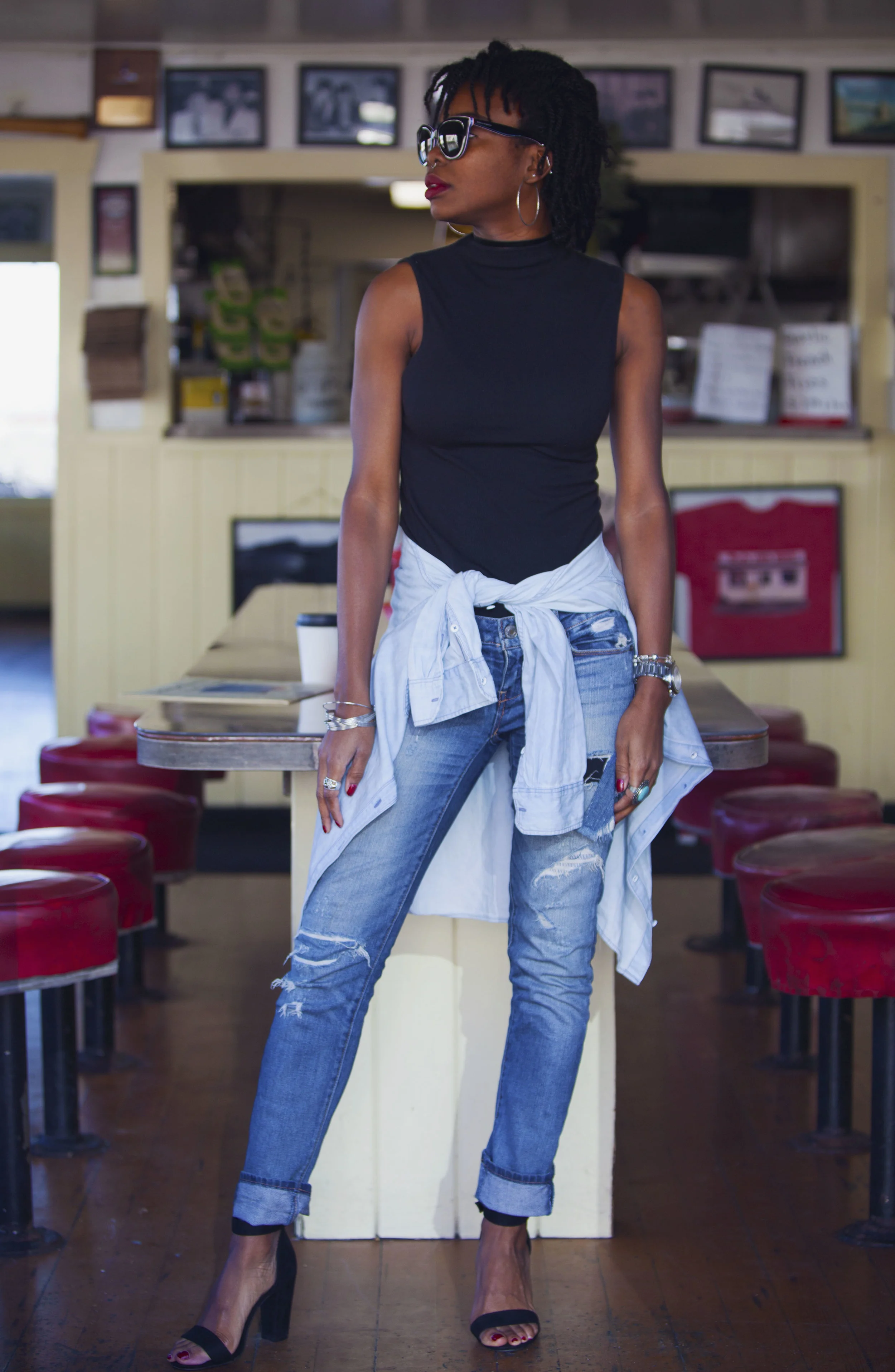 Tank: Mossimo (c/o Target); Shirt (tied): Banana Republic; Jeans: American Eagle; Shoes: Cape Robbin (c/o Target); Sunglasses: Dolce & Gabbana; Bag: Coach