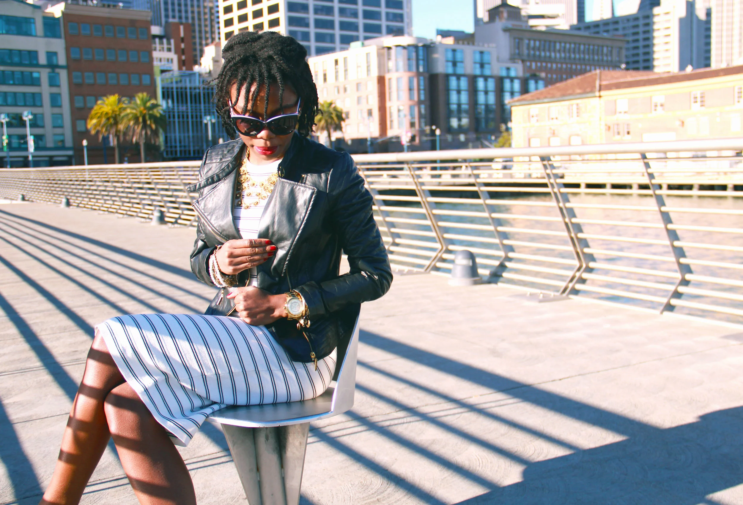 Dress: Theory; Shoes: Steve Madden; Jacket: vintage; Sunglasses: Dolce & Gabbana; Necklace: from a boutique in Seville, Spain