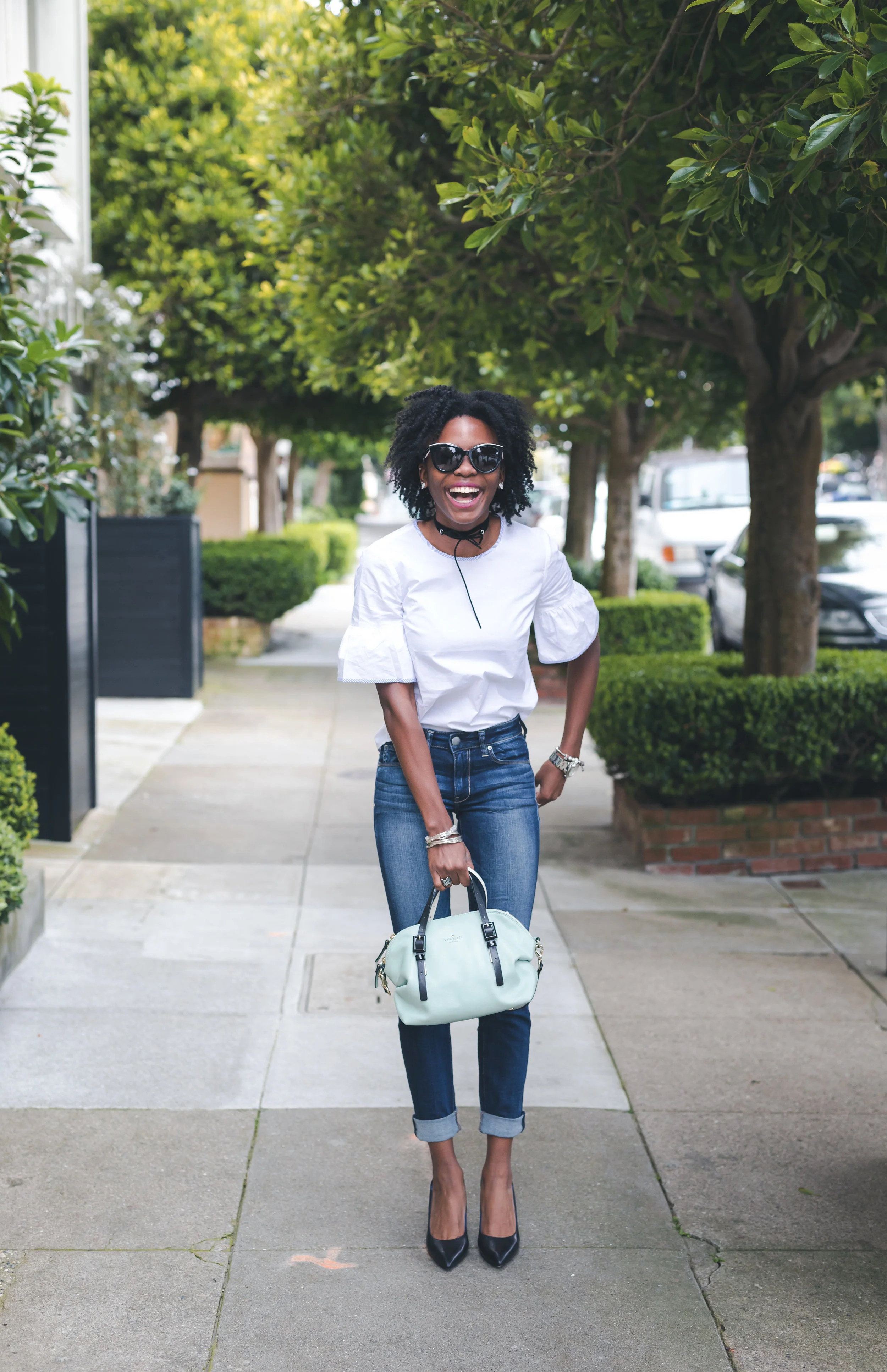 Shirt:J.Crew; Pants:American Eagle; Shoes:Cole Haan; Bag:Kate Spade; Sunglasses:Dolce & Gabbana