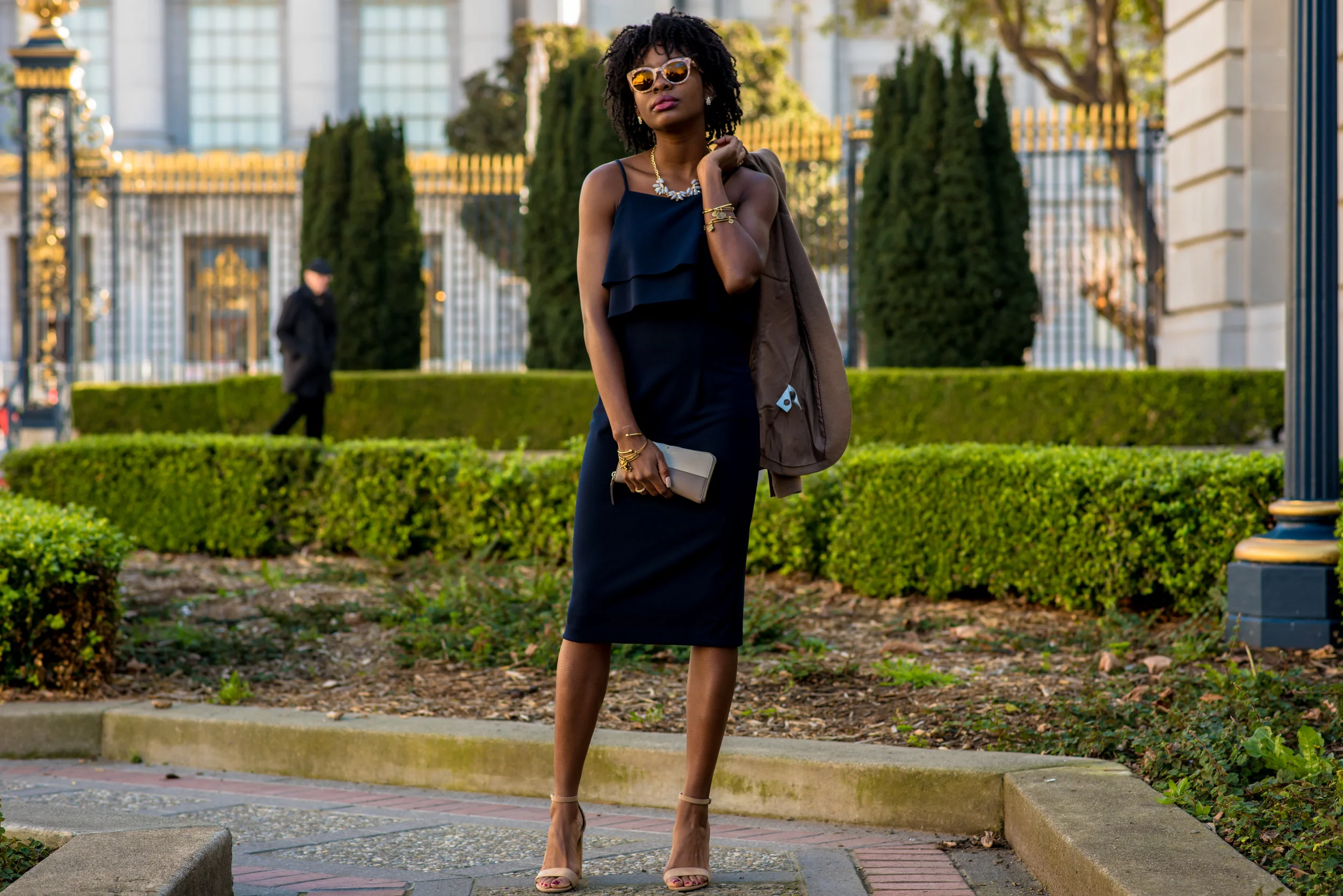Dress: Le Tote; Blazer: H&M; Shoes: Report; Necklace: Le Tote; Clutch: Kate Spade; Sunglasses: Dolce & Gabbana