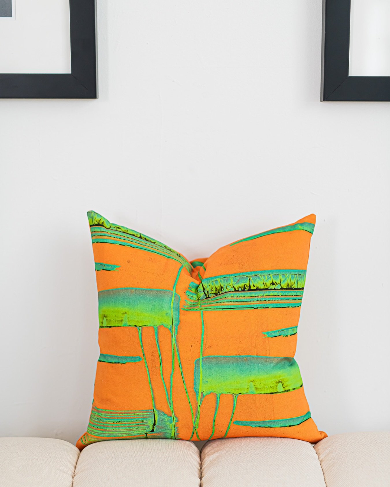 Bold color blocking with organic edges. These vibrant stripes emerged from our wallpaper design explorations and now find new life on textiles. The interplay of orange and teal creates unexpected energy against neutral interiors. Which colorways woul