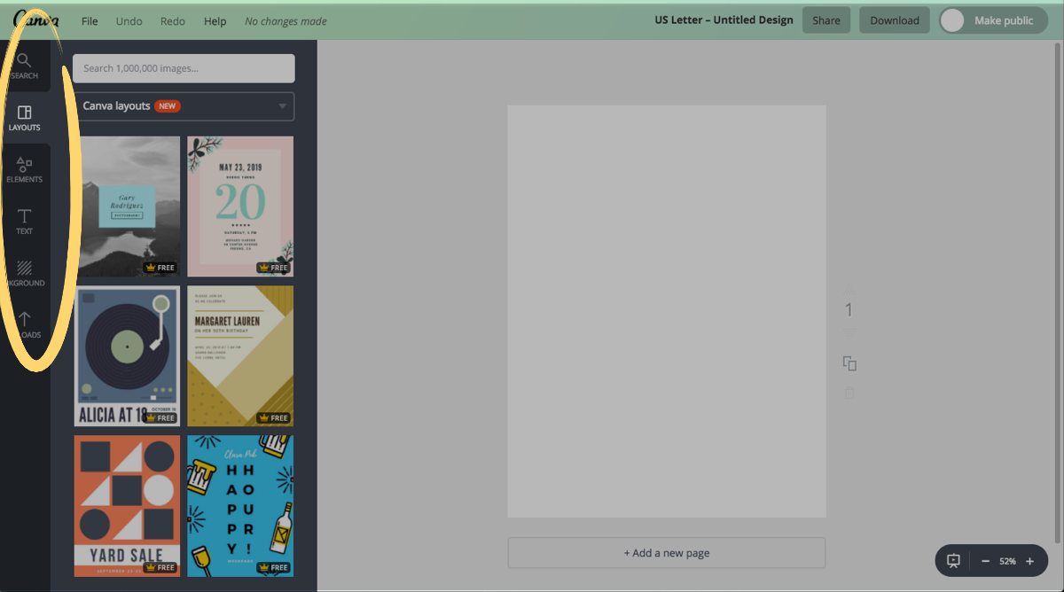 Getting started with a blank letter design template in Canva.