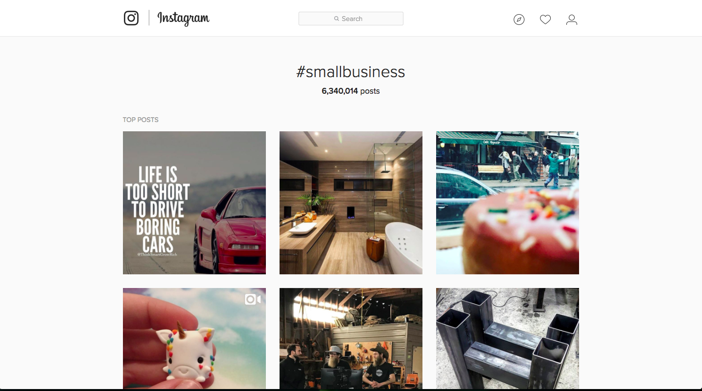 Instagram hashtag search results for '#smallbusiness'.