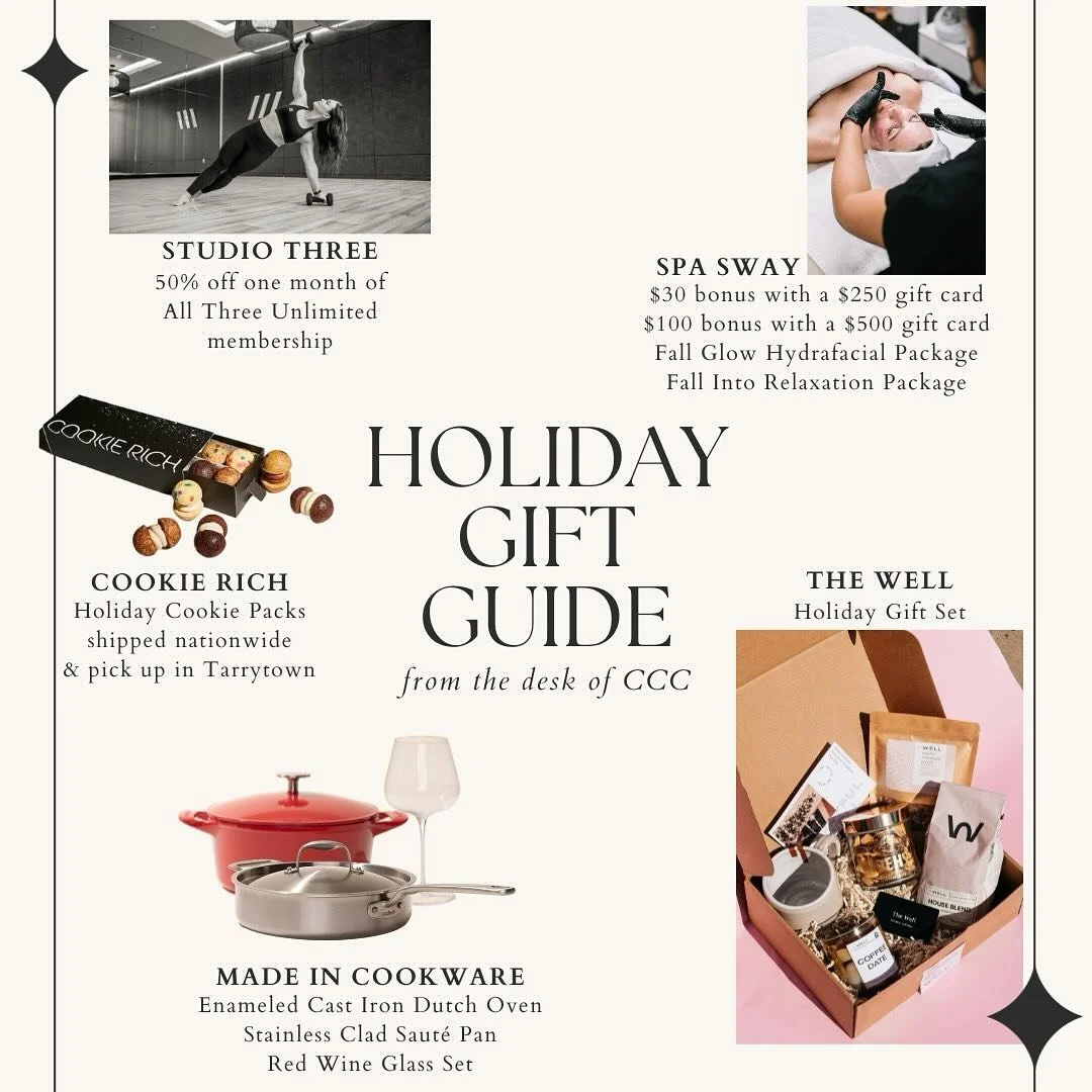 CCC&rsquo;s 2023 Holiday Gift Guide is HERE 🎁

With the holidays approaching, we are sharing our favorite gift ideas from some local businesses! 

@studiothree ⭐️ 50% off one month of All Three Unlimited membership *available for new members*

@spas