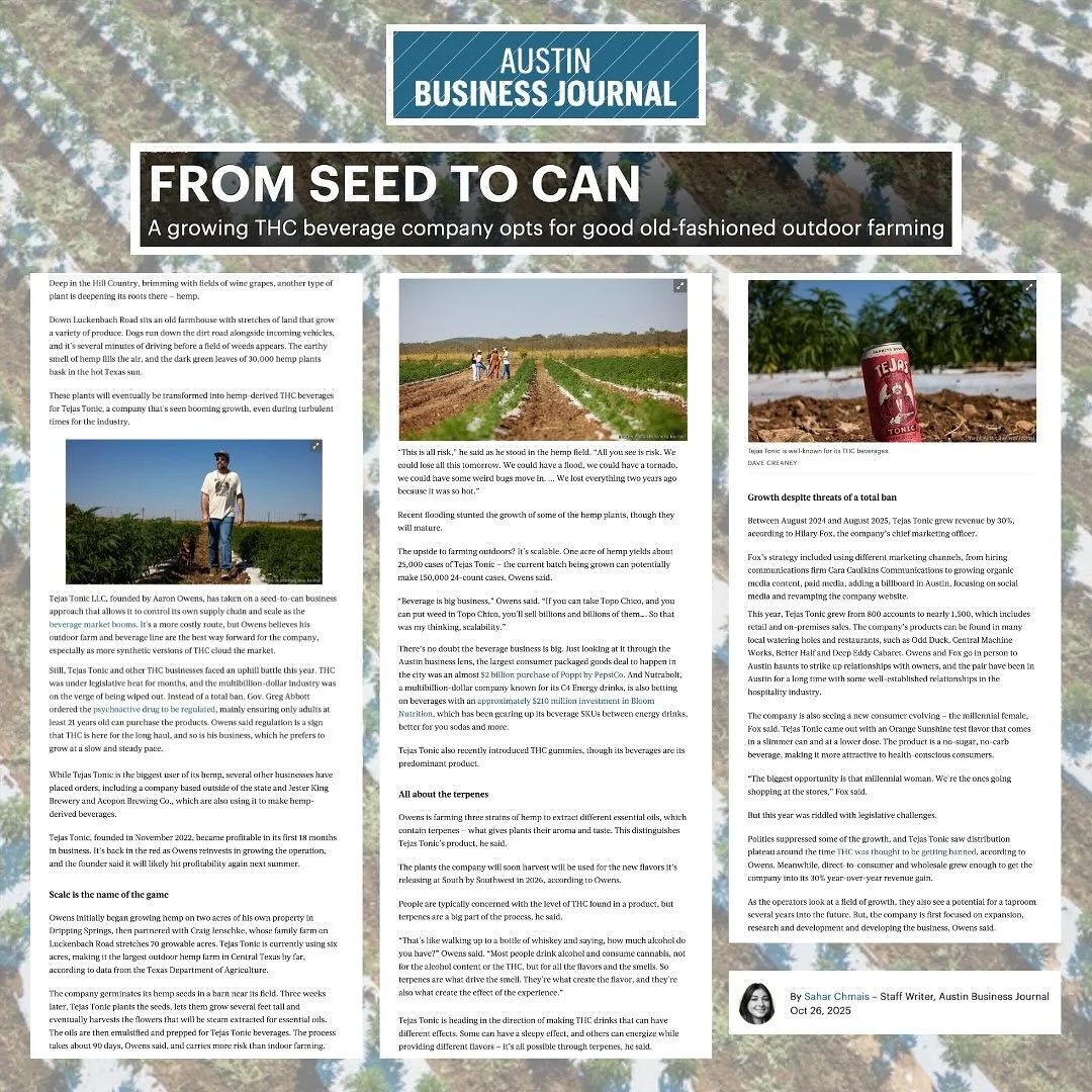 We&rsquo;re proud to see @drinktejastonic and founder Aaron Owens spotlighted in the @austin_business_journal for their Central Texas hemp farm and &ldquo;seed-to-can&rdquo; philosophy 🌱

By growing outdoors in the Hill Country and controlling every