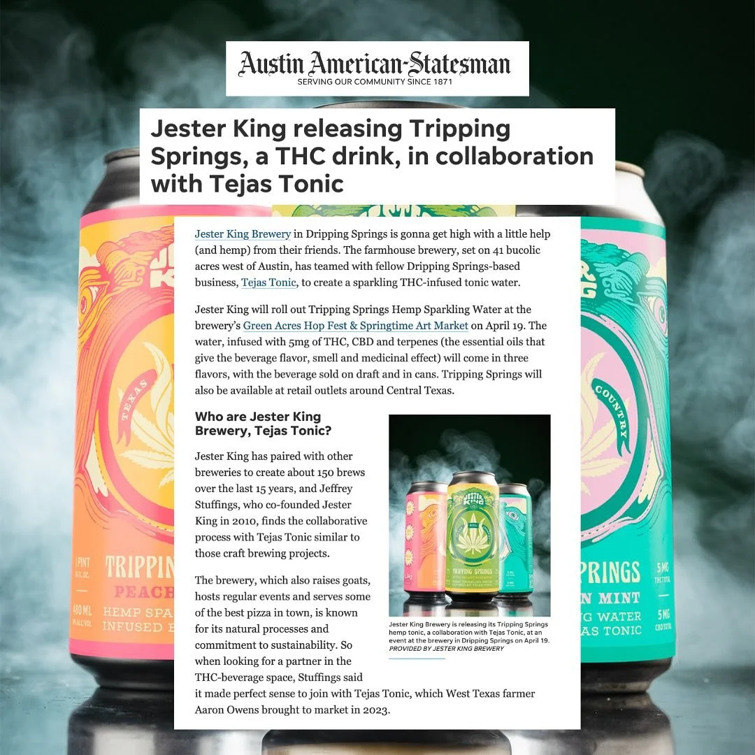 Just in time for 4/20 🌿 We&rsquo;re excited to share a first-of-its-kind partnership between @drinktejastonic and @jesterkingbrewery 🍻 introducing Tripping Springs Sparkling Hemp Water &mdash; a non-alcoholic, terpene-boosted sparkling water infuse