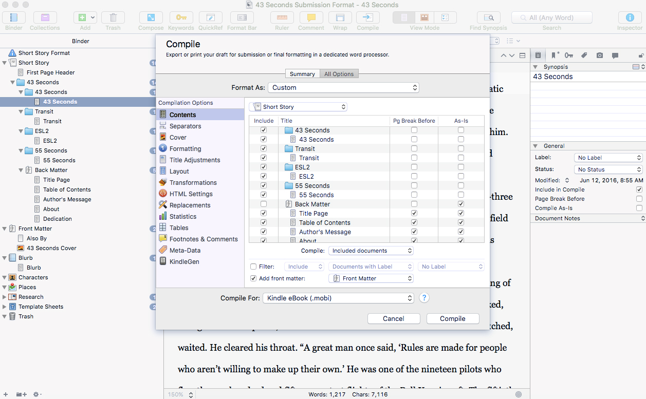Compiling (Scrivener's lingo for exporting) my story in Kindle .mobi format. 