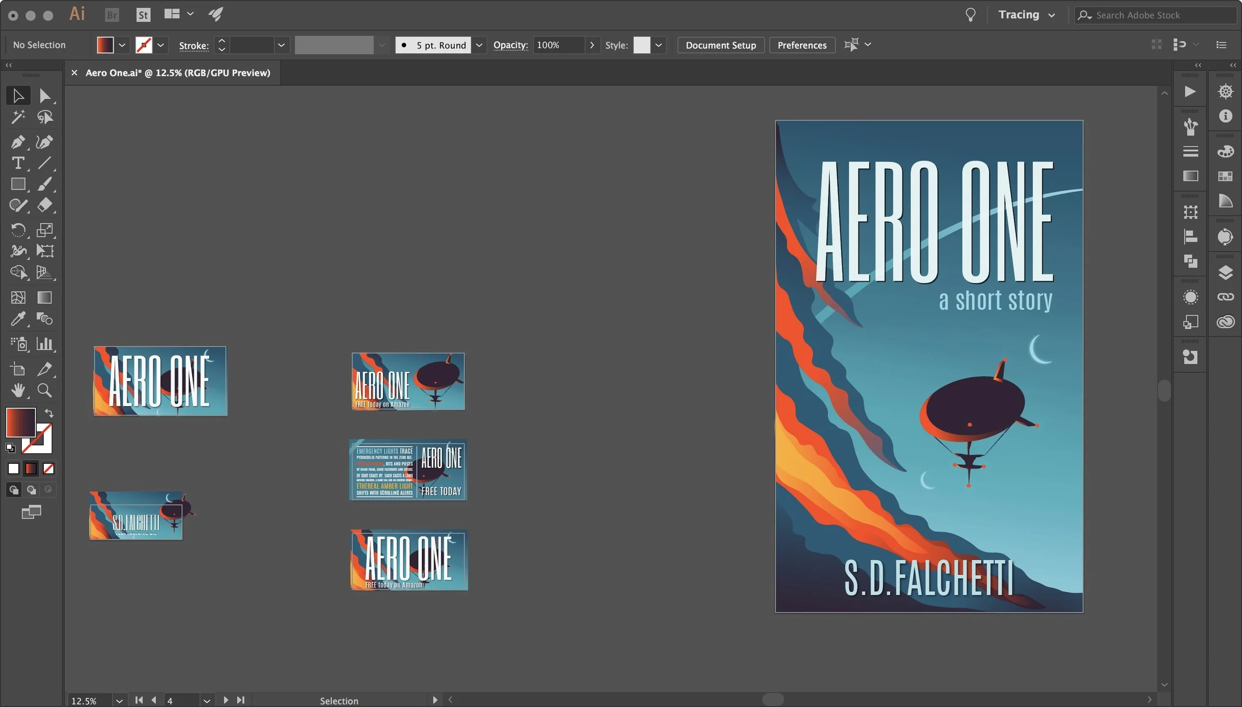 Pro tip when doing your own design in Illustrator: also design social media graphics, like the cluster on the left of Facebook and Twitter cards designed for ads and free promotions.