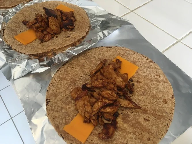 BBQ mock chicken and cheddar cheese