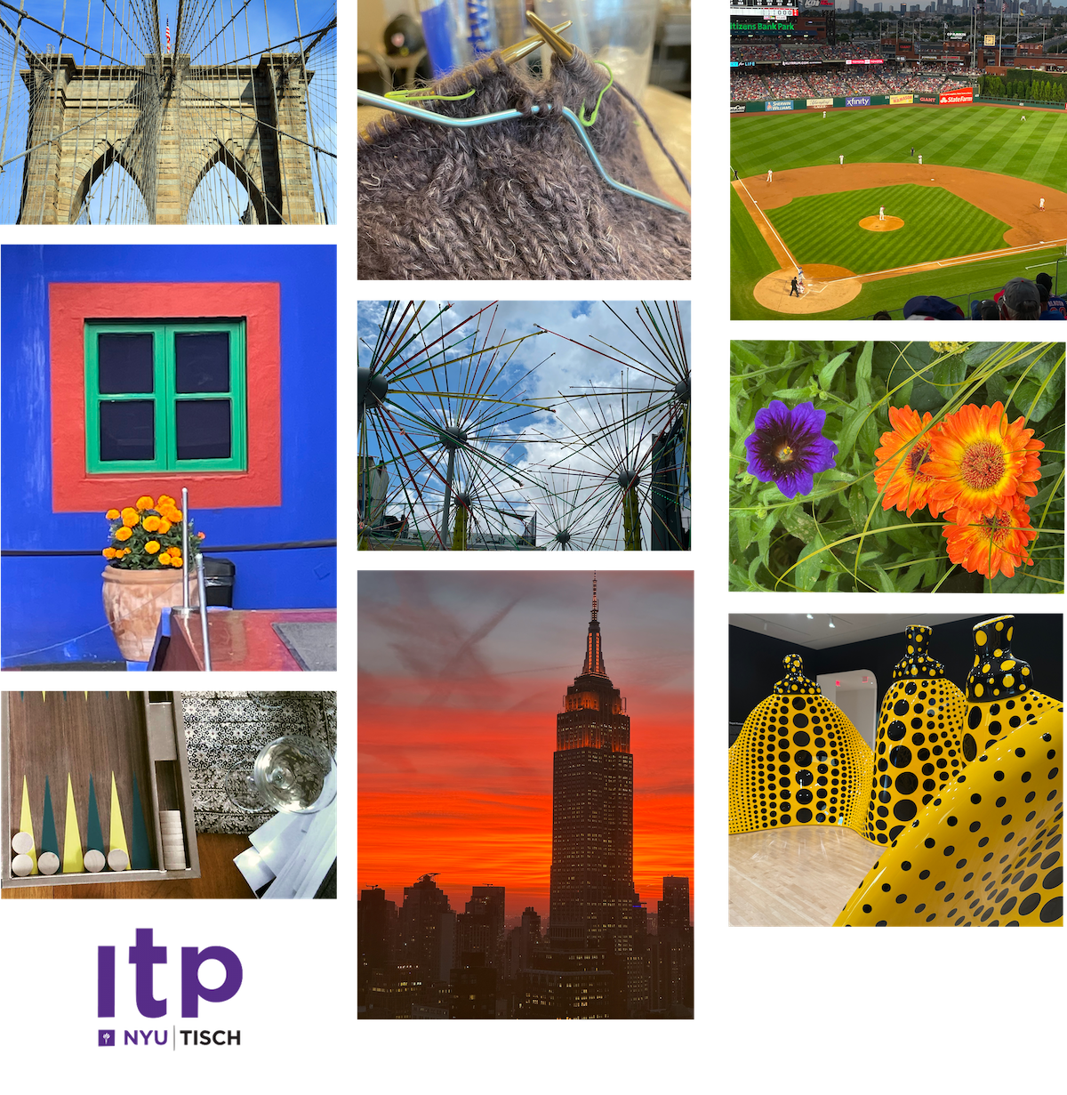 grid of images: brooklyn bridge, frida kahalo's home, backgammon board, knitting, ali farid sculpture, empire state building during a bright sunset, baseballfield, purple and orange flowers, yayoa kusame yellow sculpture