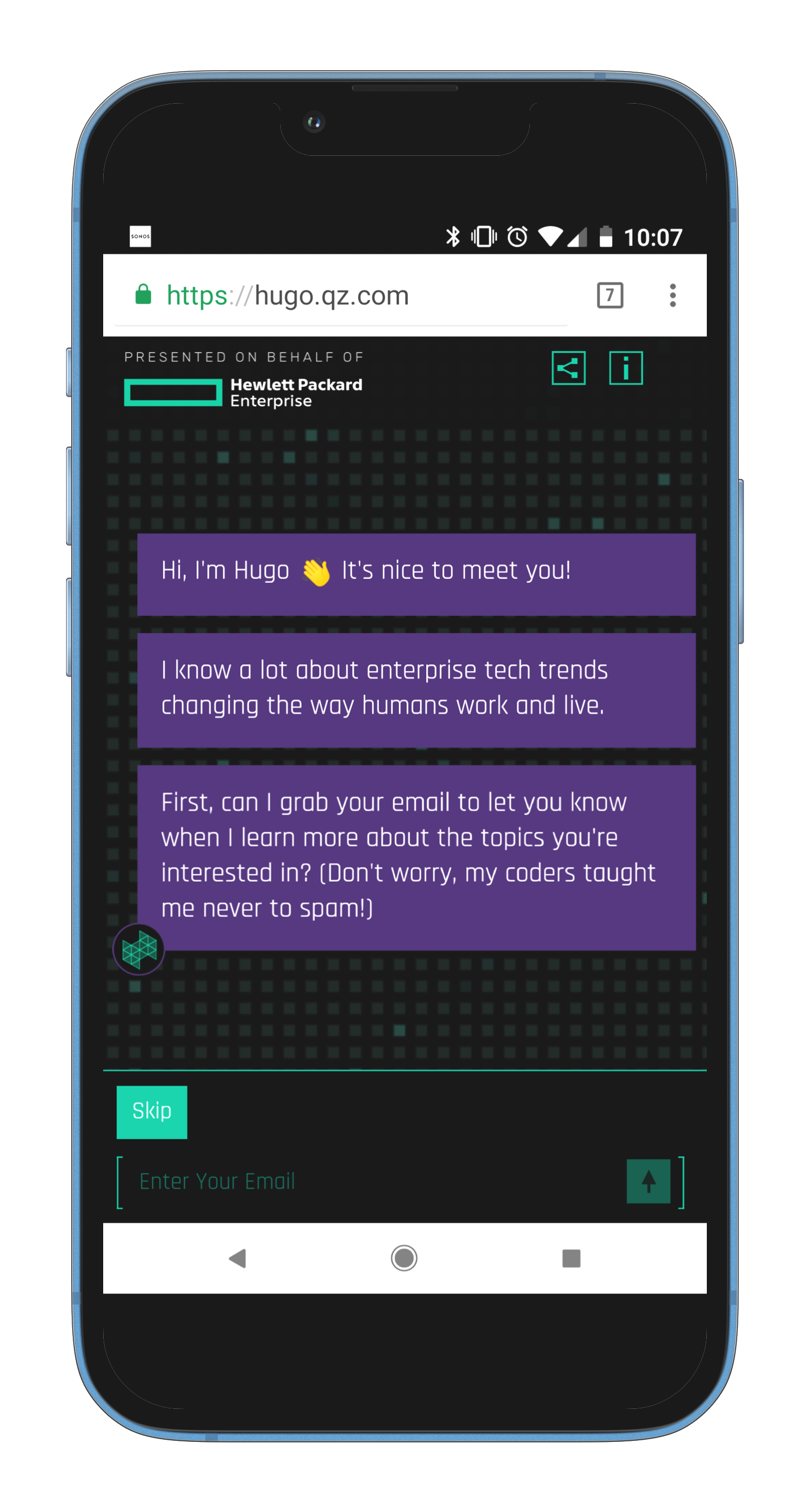 A smartphone screen displays a webpage with a chat interface, featuring a greeting from 'Hugo' and a message discussing enterprise technology trends and requesting an email address.