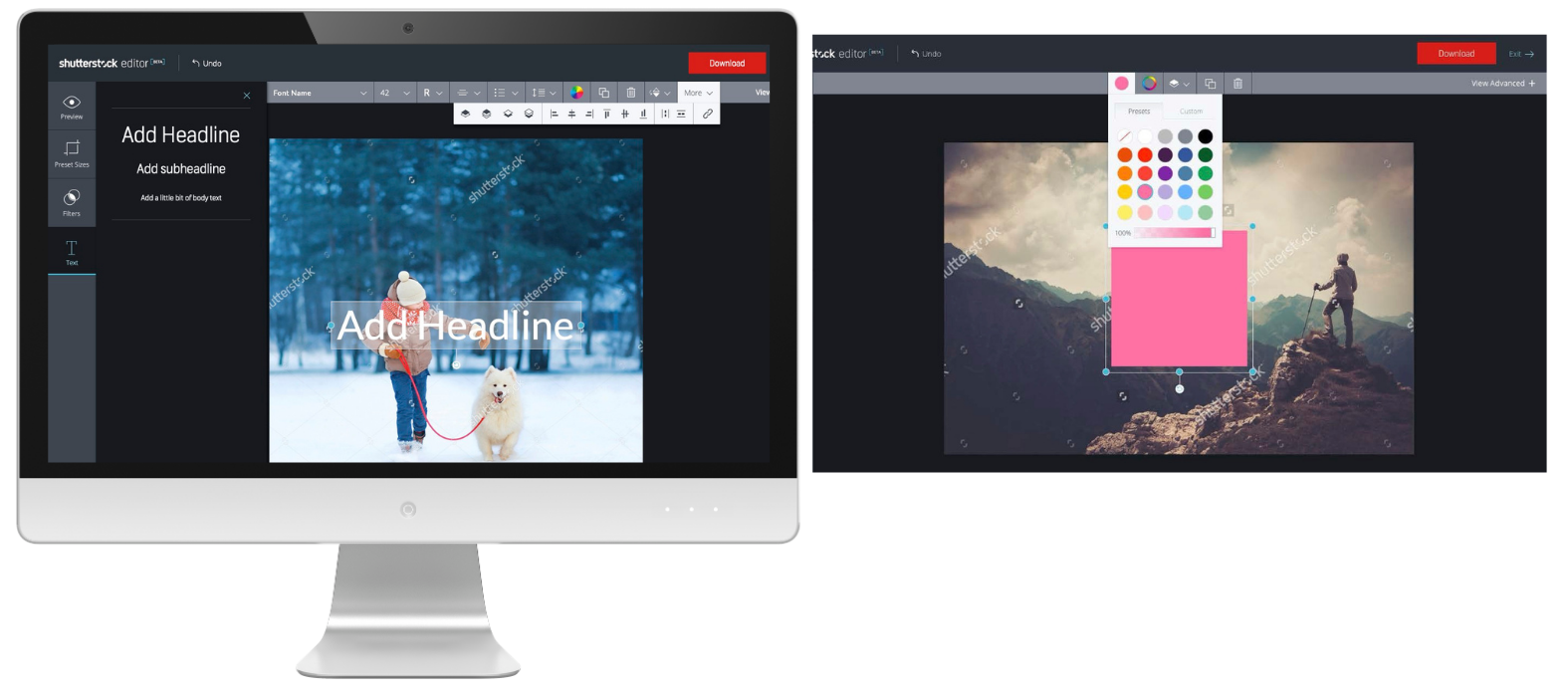 Two computer screens showing photo editing software; the left screen features a winter scene with a person and dog, with text overlay 'Add Headline'; the right screen displays an outdoor mountain scene with a person standing on a rock, editing a pink square overlay.