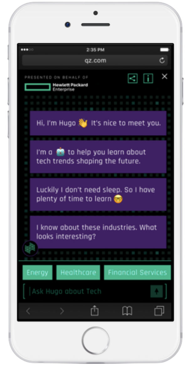 Chatbot interface with static buttons instead of open text field.