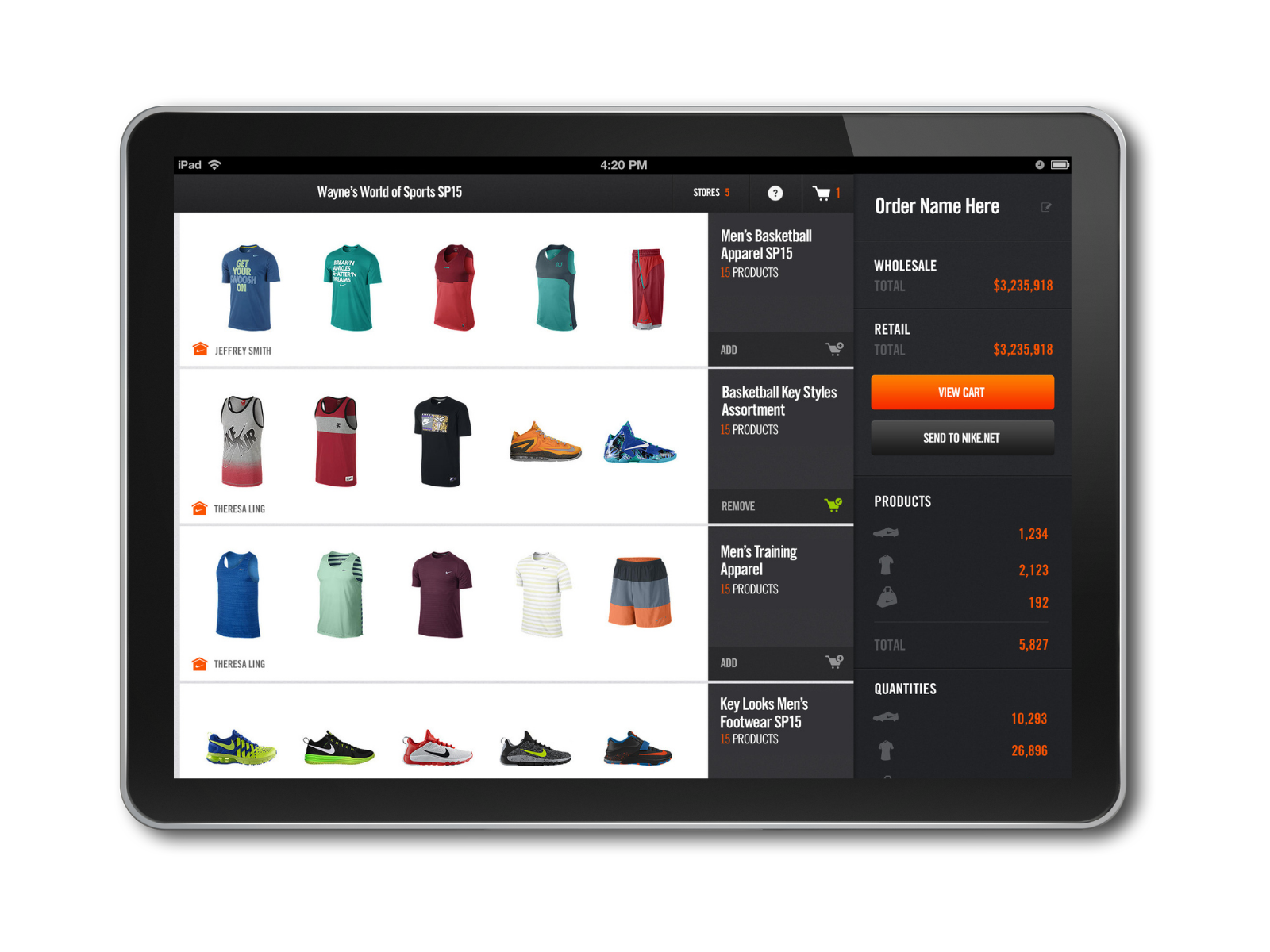 Tablet screen displaying an online sports apparel store with various men's basketball, training, and footwear products organized in categories and a shopping cart.