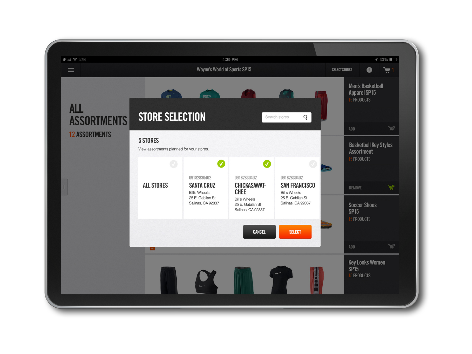 Tablet screen displaying a sports apparel online store with a store selection window overlay showing five store options for the distribution of products after the order is placed.