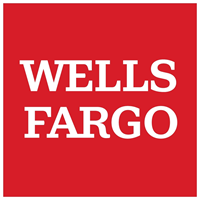 Wells Fargo logo with white text on a red background.