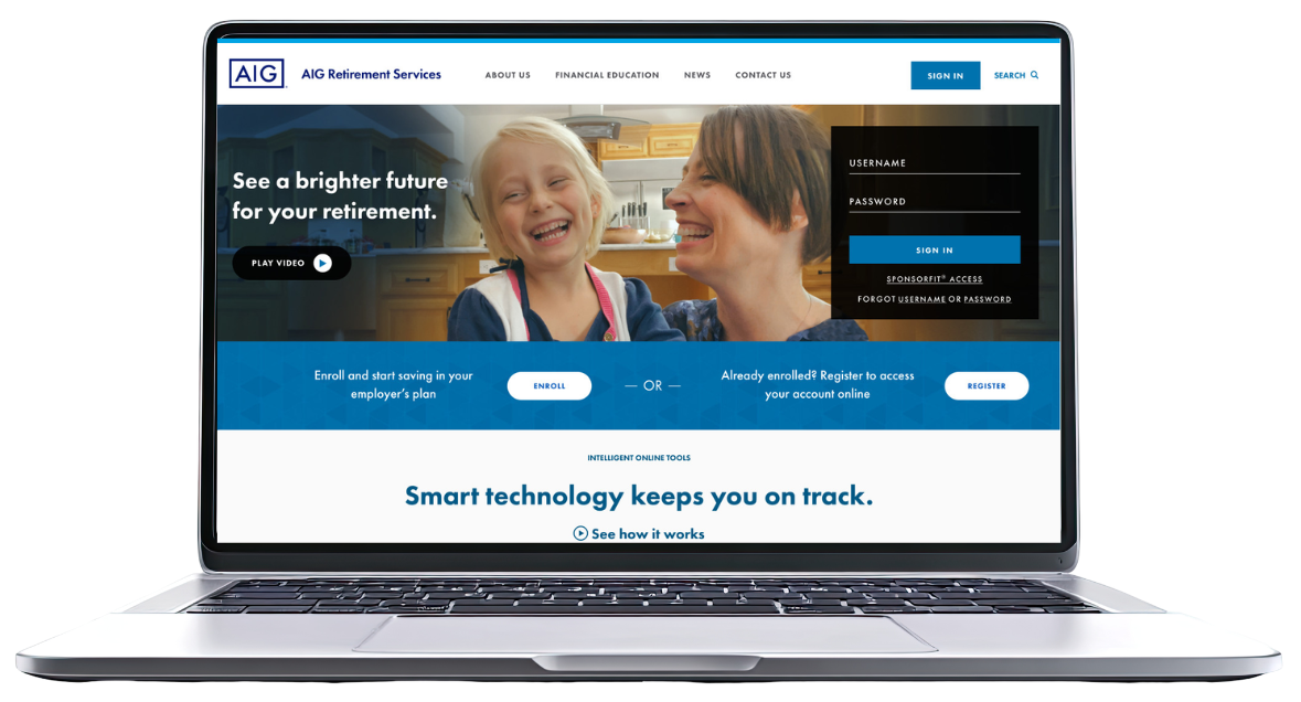 Laptop displaying the homepage of AIG Retirement Services with a smiling couple and login fields.
