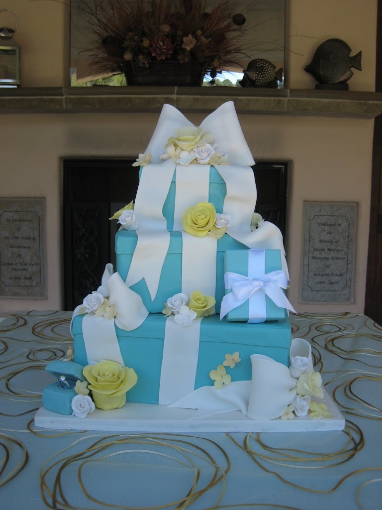This Tiffany cake had a real box incorporated into the cake for the bride to open. The ring on the bottom was NOT real!