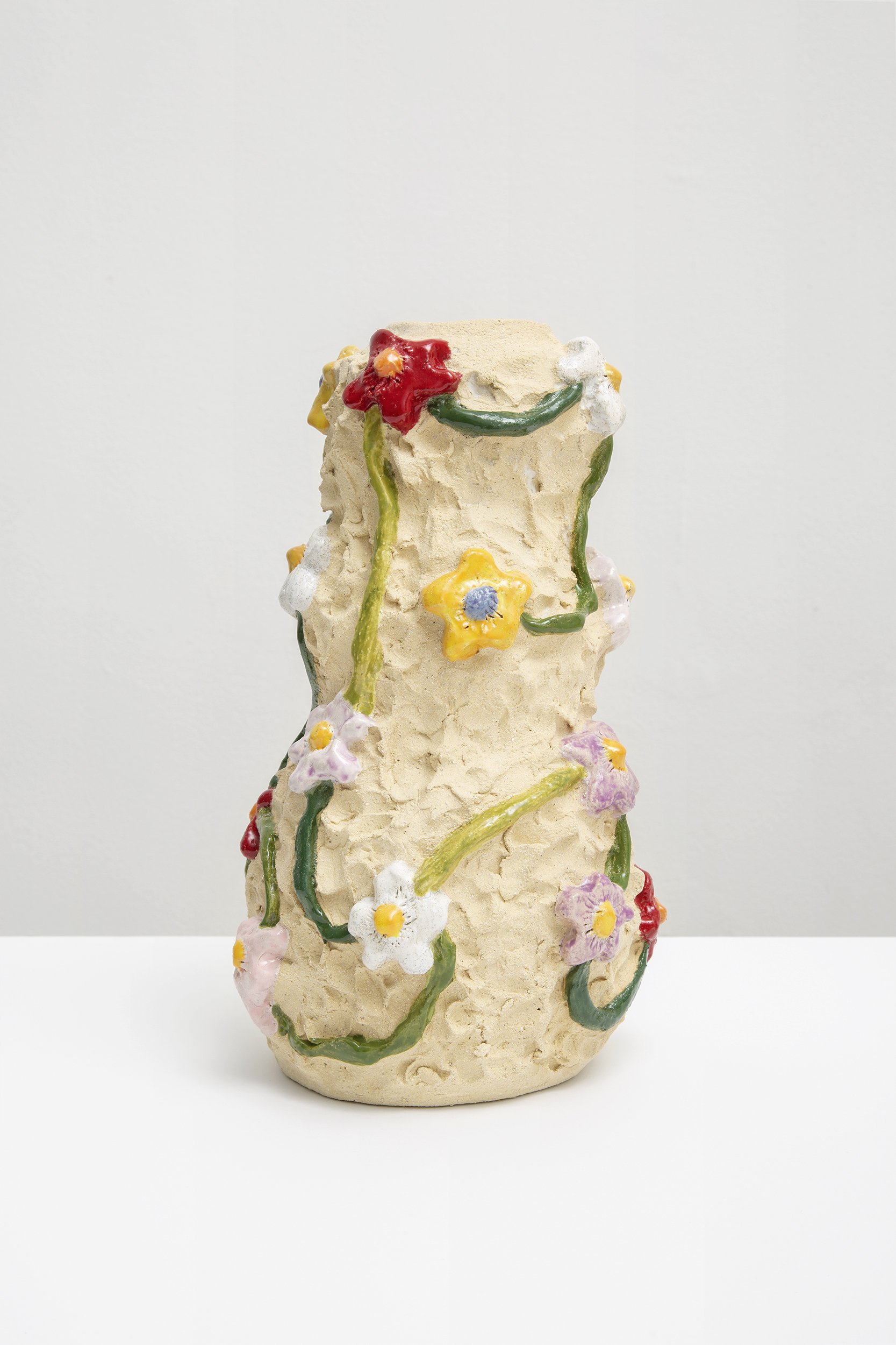  “Flowers on Sand”  Yellow Stoneware Vessel, 2021  7” x 7” 12.5”  Included in: “Spiral in Stone” 2021 