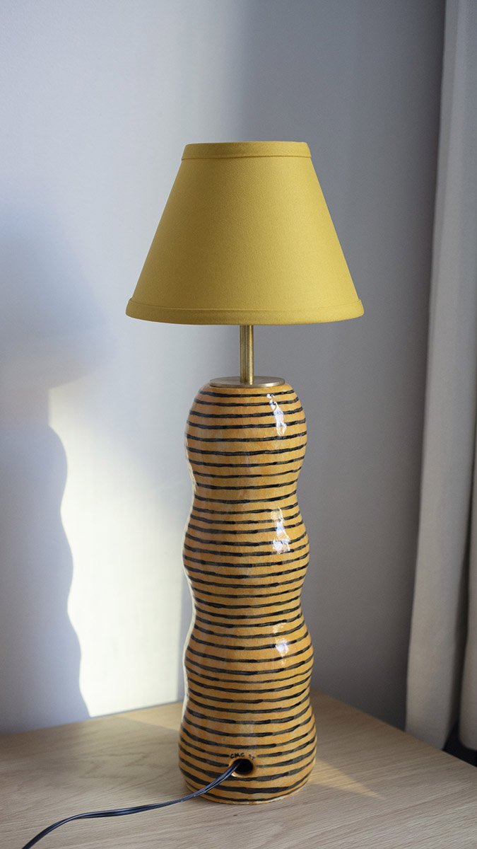  “Bumblebee Lamp”  Yellow Stoneware with Linen Lampshade, 2022  8” x 4.5” x 23” 