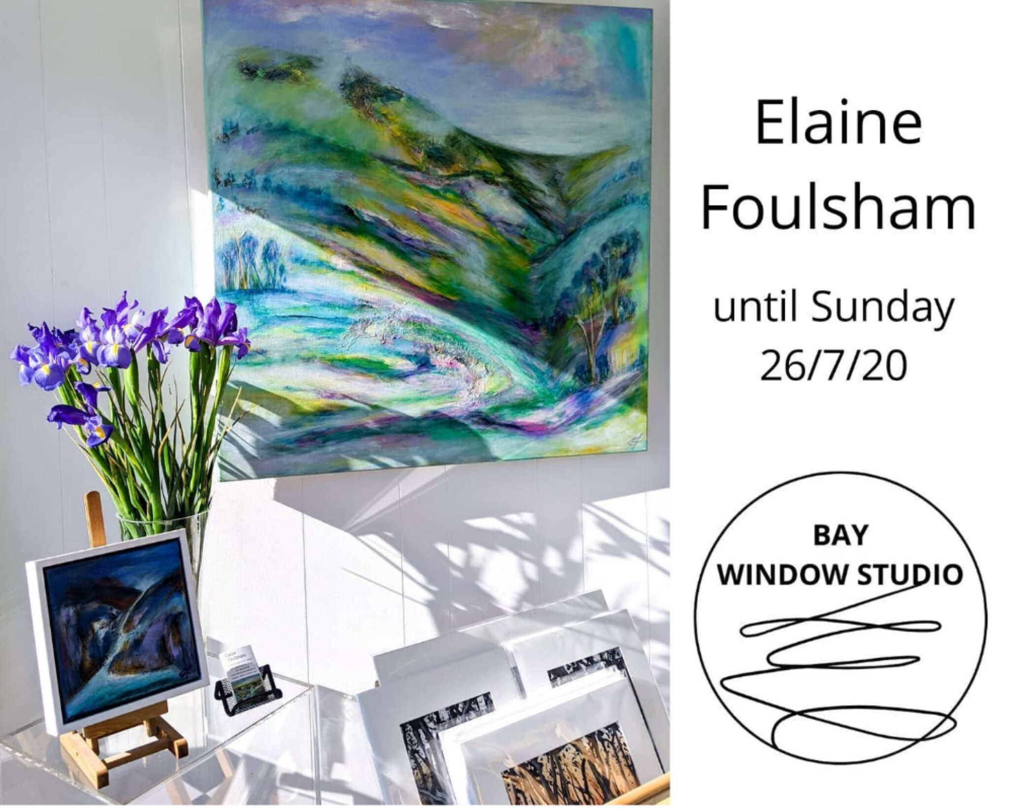  Elaine Foulsham  July 13 - 26 2020  The middle of winter saw Elaine bring some warmth to Bay Window Studio - moments of sunshine illuminated her tranquil landscapes and her vivid colours in other paintings created a lively atmosphere.  A beautiful e