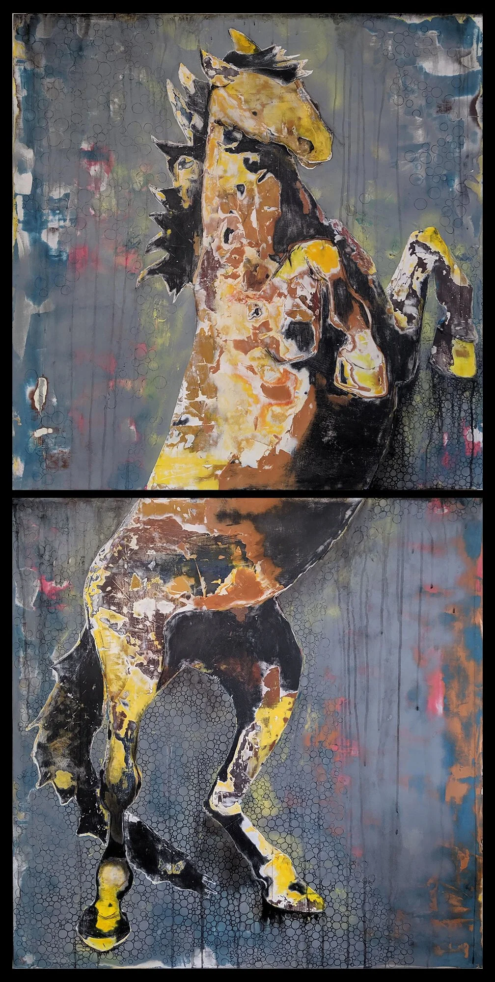Near Dark, 2021. 
Plaster, acrylic, ink, charcoal, and spray paint on wood panel.
36 × 72 inches.