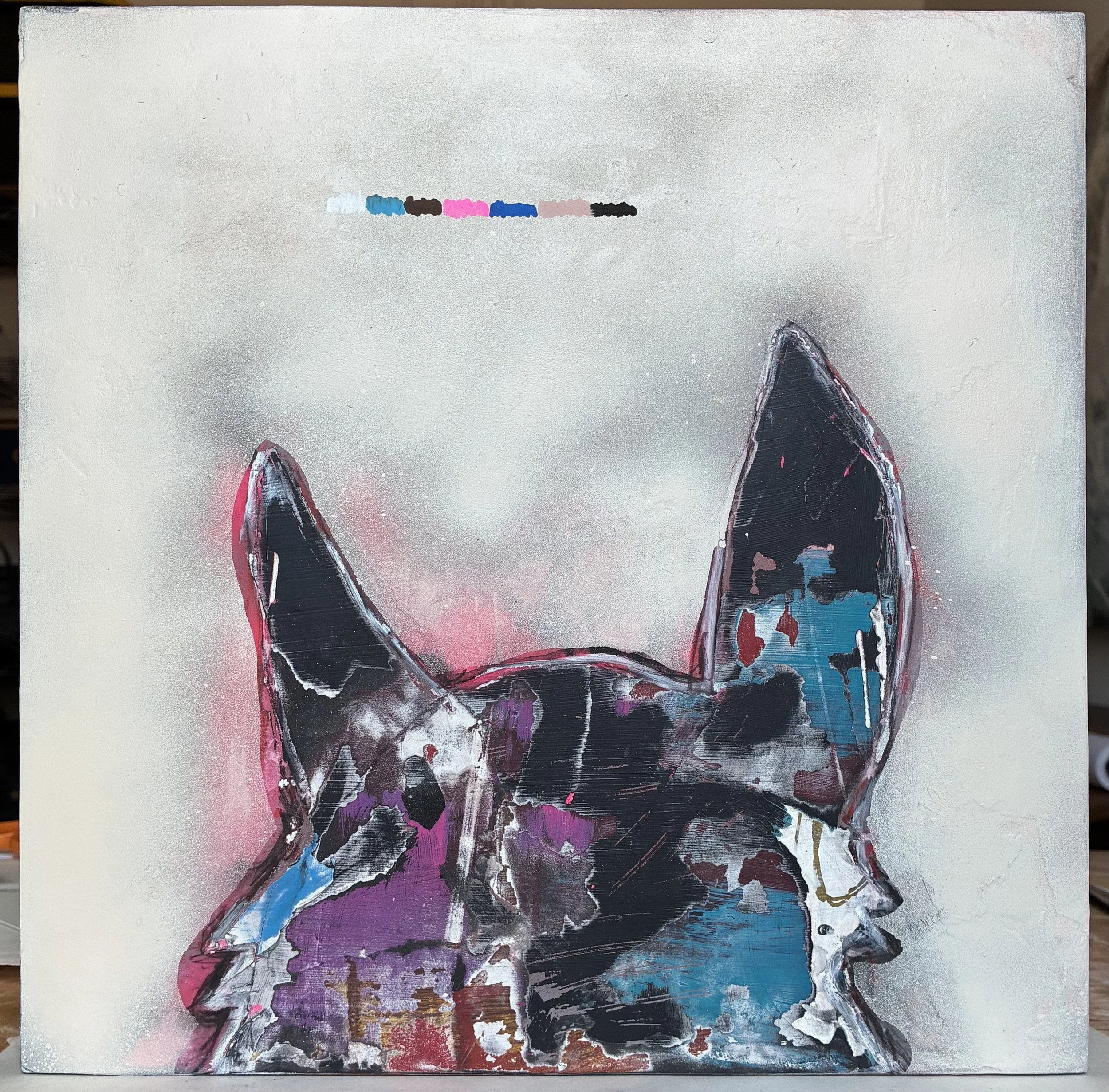 Pony IV: These Currents Pull Us ’Cross the Border, 2026.
Plaster, acrylic, ink, charcoal, and spray paint on wood panel.
12 × 12 inches.