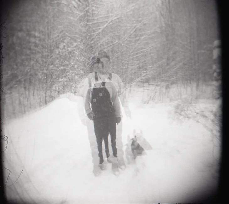 Ali and Levi, Winter, 2025.
Black-and-white photograph, Holga camera.
