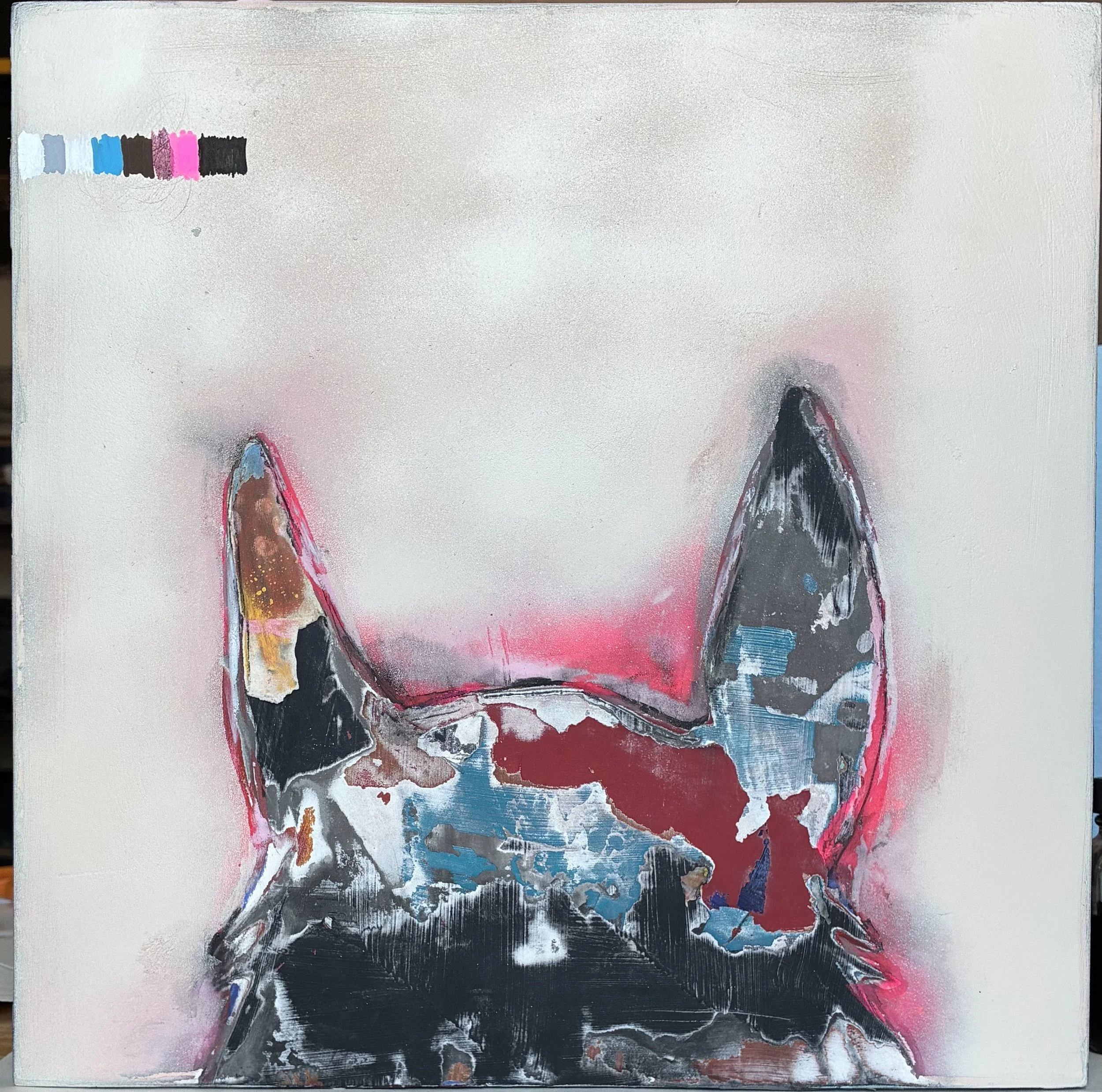 Pony III: We Fill Our Mouths with Cinnamon, 2026.
Plaster, acrylic, ink, charcoal, and spray paint on wood panel.
12 × 12 inches.