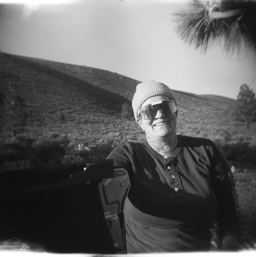 Ali, Highway 395, 2023.
Black-and-white photograph, Holga camera.