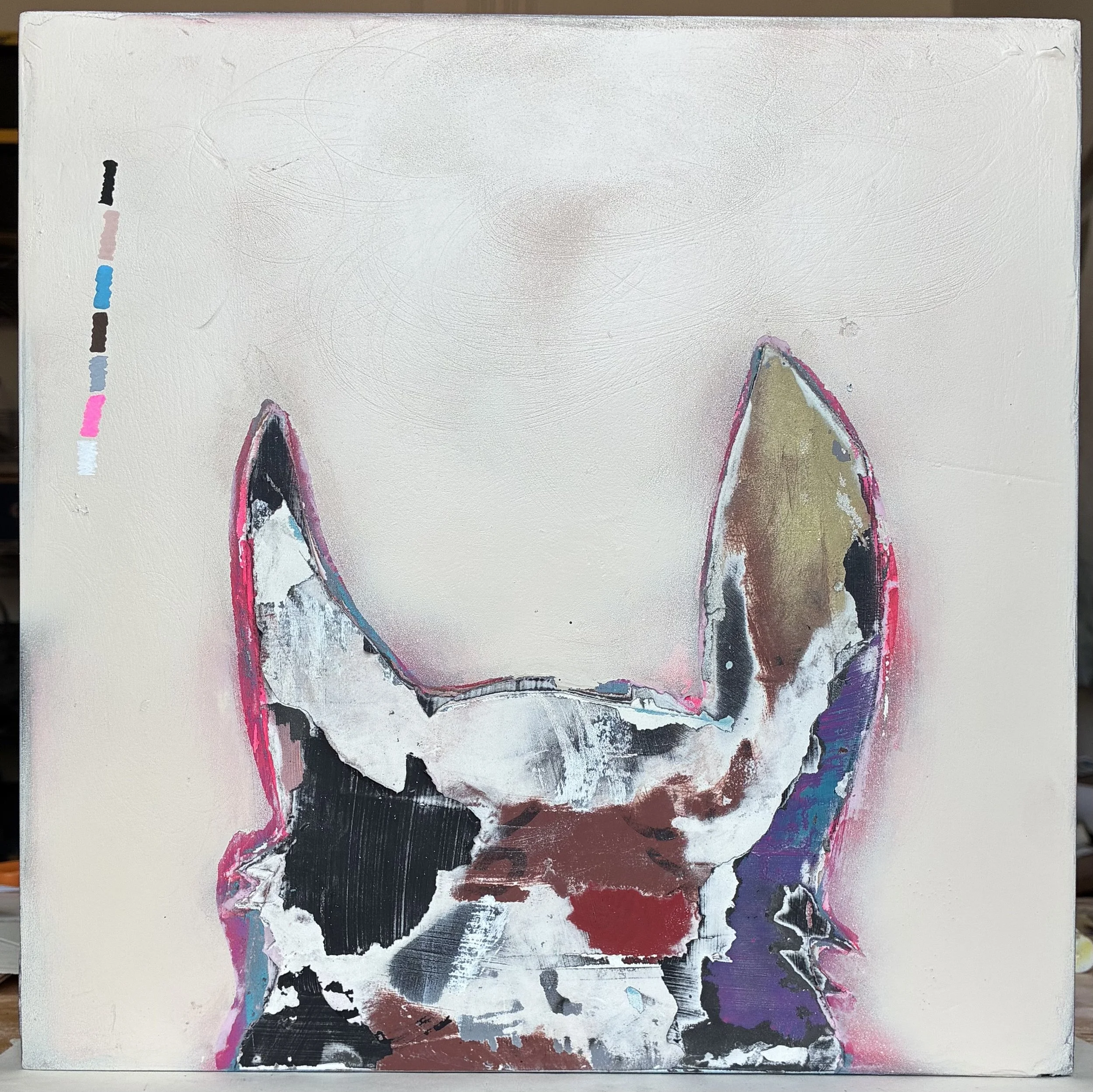 Pony II: We Build Our Walls Aluminum, 2026.
Plaster, acrylic, ink, charcoal, and spray paint on wood panel.
12 × 12 inches.