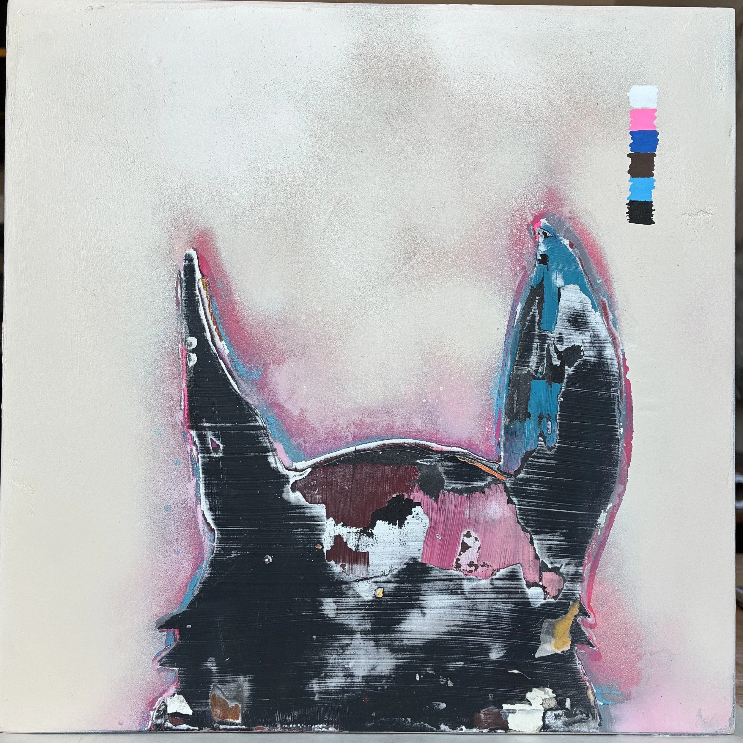 Pony I: We Make Our Home on the Water, 2026.
Plaster, acrylic, ink, charcoal, and spray paint on wood panel.
12 × 12 inches.