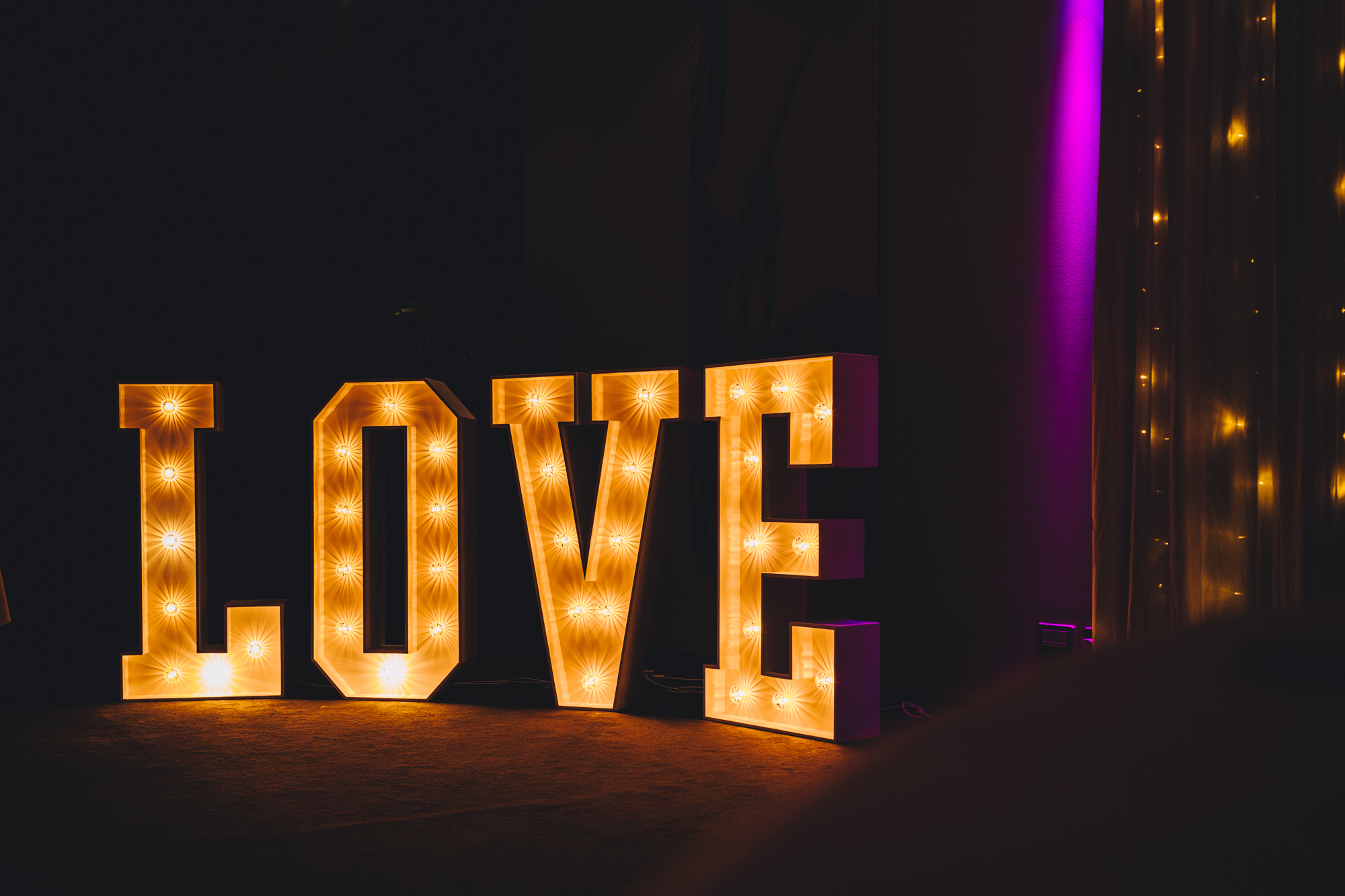LOVE light up letters in Park Plaza Cardiff wedding, south wales