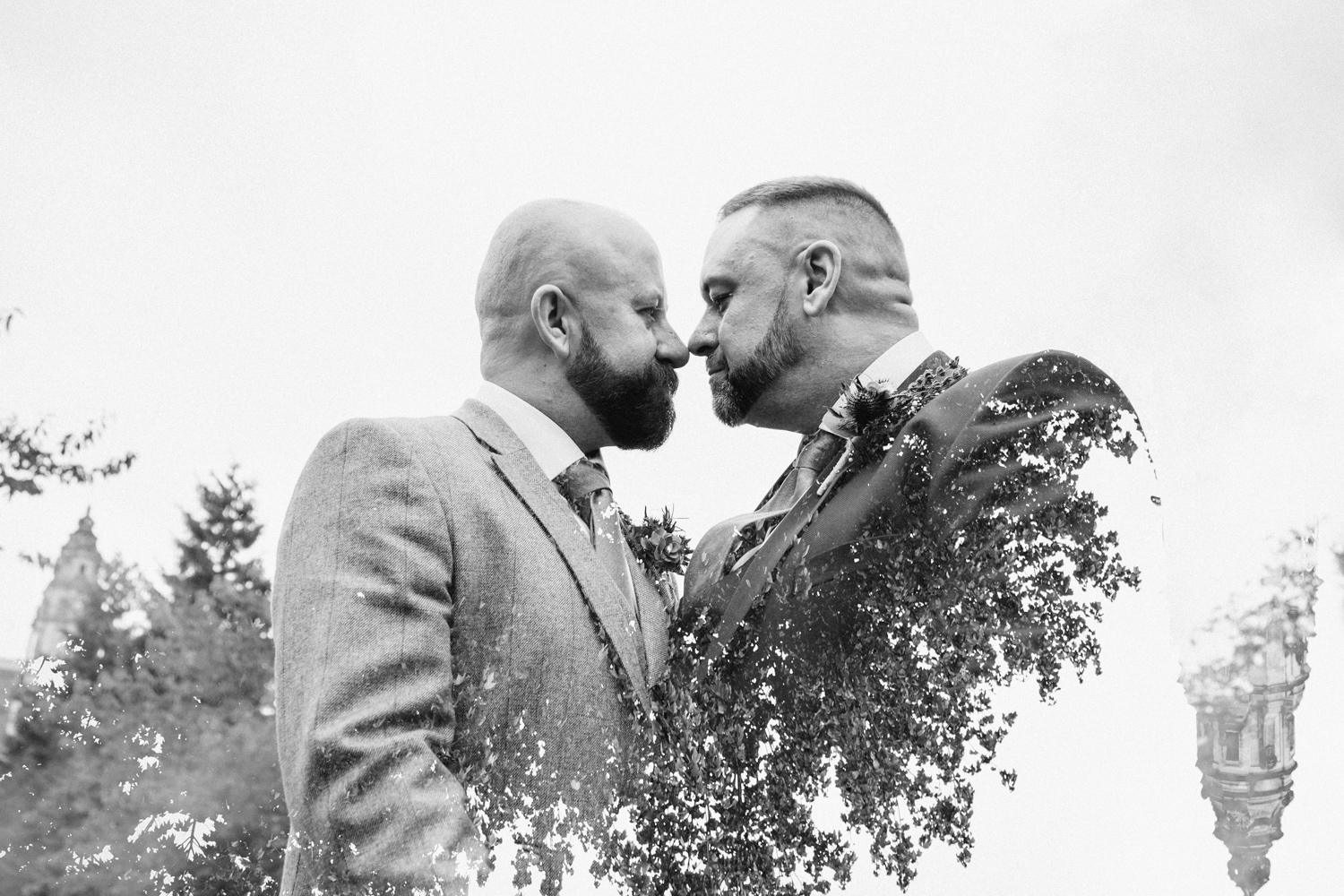 creative portrait of 2 grooms using a multiple exposure with gay friendly south wales wedding photographer