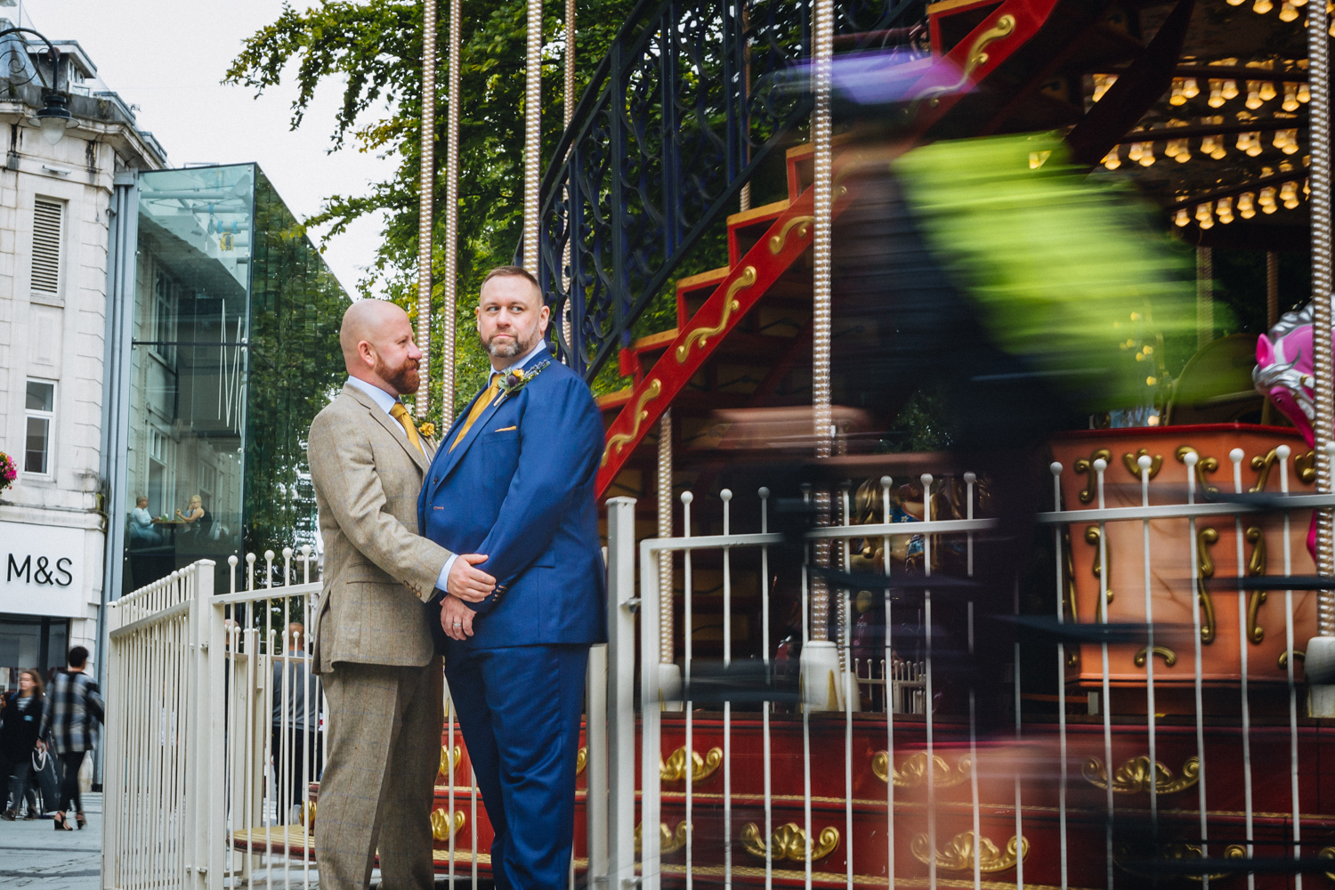 Groom portraits in cardiff city centre at Park Plaza Hotel Cardiff with gay friendly south wales wedding photographer