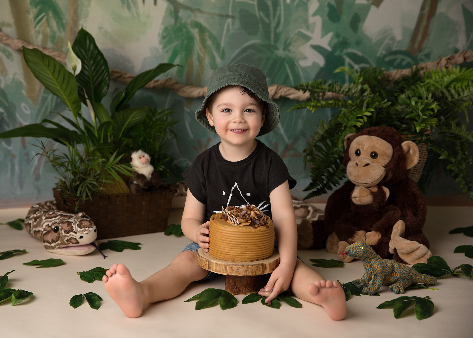 Jungle and monkey themed cake smash in caerphilly, near Cardiff, South Wales