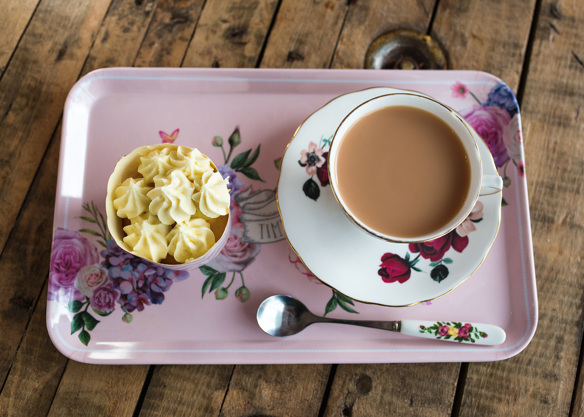 Tea and a cupcake at Miss B's cafe Bedwas