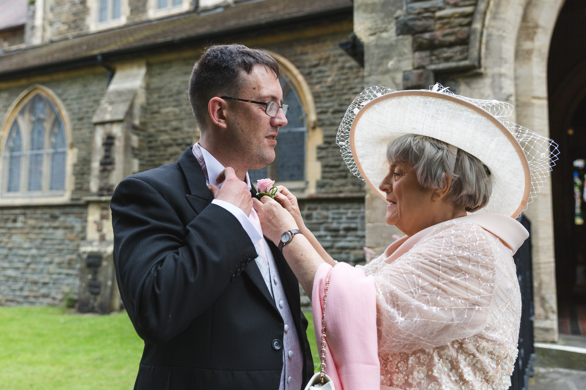 groom prep outside St Martins church Caerphilly
