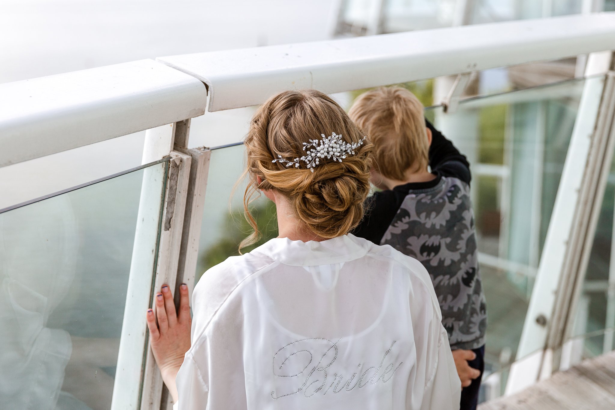 Bride and son at cardiff bay st davids hotel