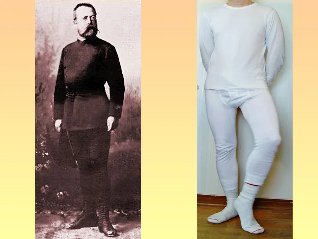 A photograph of Gustav Jaeger, and an unknown model with sassy pose in long johns.