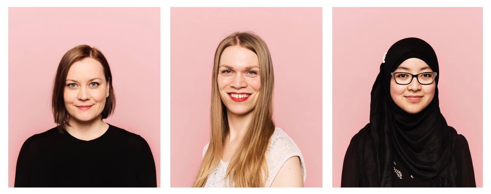 Feministisen puolueen ensimmäiset ehdokkaat Helsingissä: puolueen puheenjohtaja Katju Aro sekä varapuheenjohtajat Tuuli Kamppila ja Pazilaiti Simayijang.