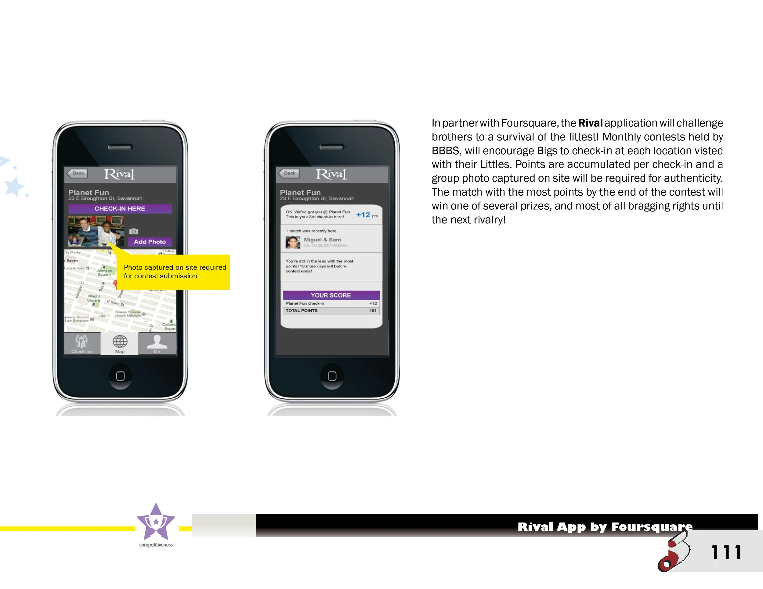 In partner with the Foursquare app, the Rival application will challenge brothers to a survival of the fittest! Monthly contests held by BBBS, will encourage Bigs to check-in at each location visted with their Littles. Points are accumulated per check-in and a group photo captured on site will be required for authenticity. The match with the most points by the end of the contest will win one of several prizes, and most of all bragging rights until the next rivalry!
