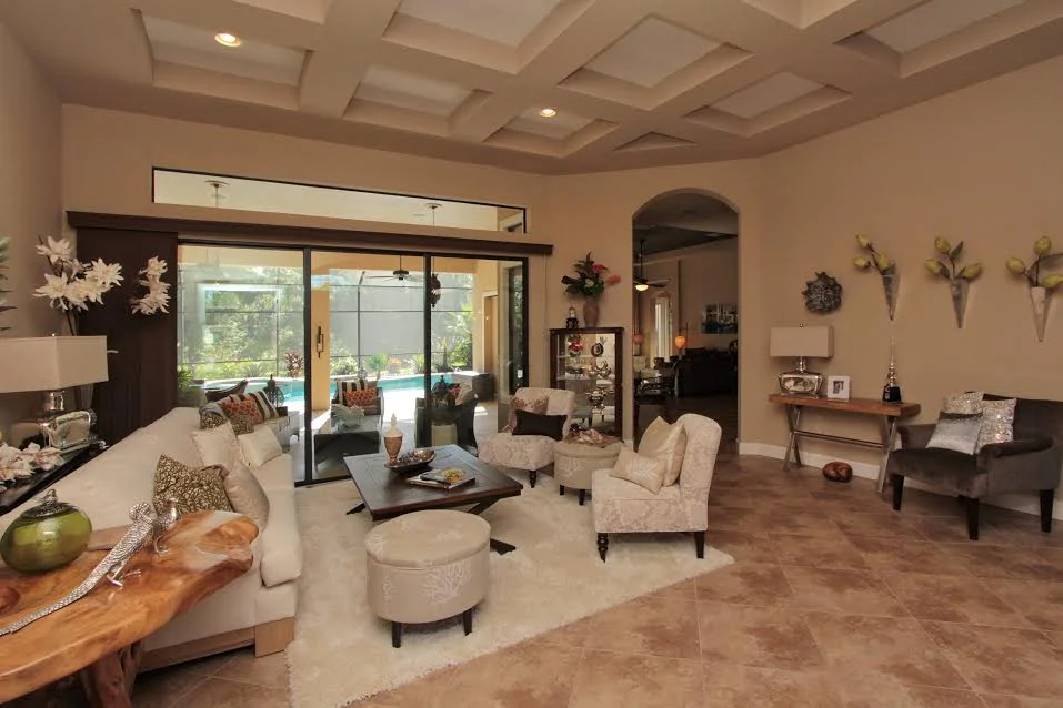 A living room comes alive with natural tones paired with silver accents.