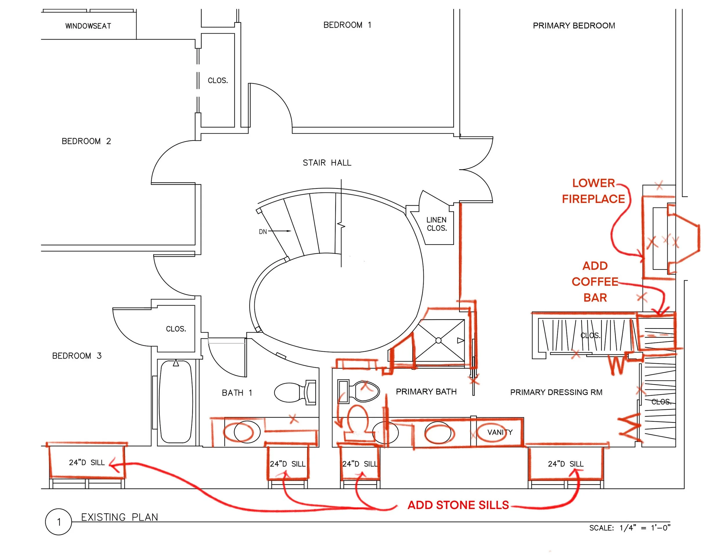 Floor plan redlined with proposed design