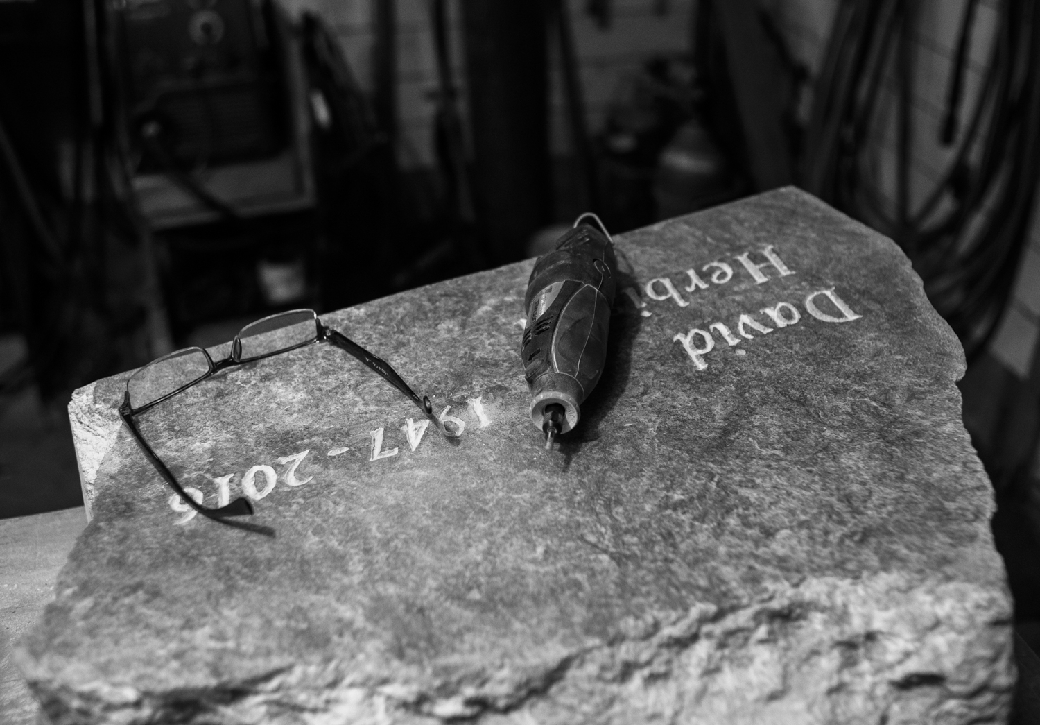 David's unfinished gravestone in the workshop of his dear friend Chris Petersen. 